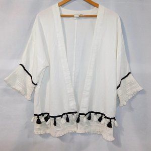 ROXY Womens M /  L White BOHO Shawl Cardigan Black Tassel Beach Cover up
